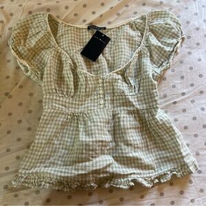 Brandy Melville Green and White Puff Sleeve Blouse